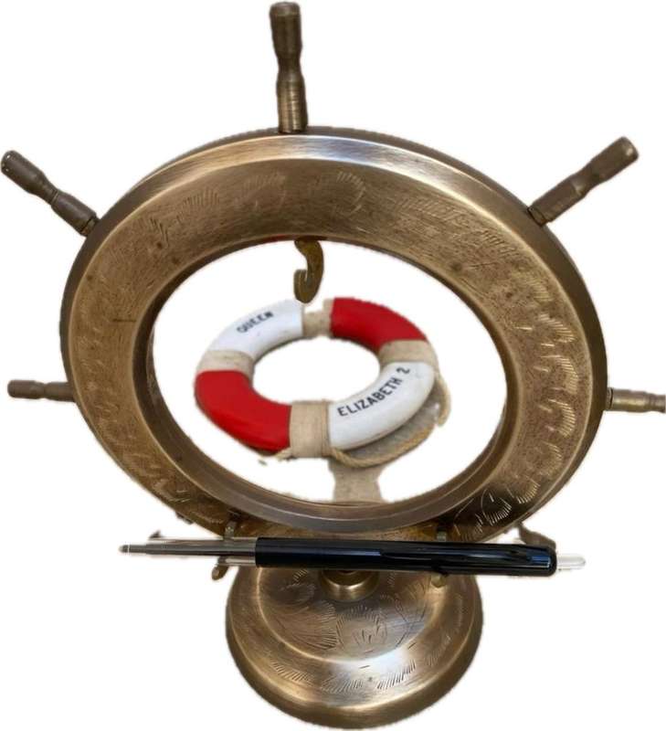Vintage ships wheel brass pen holder nautical life buoy QE2