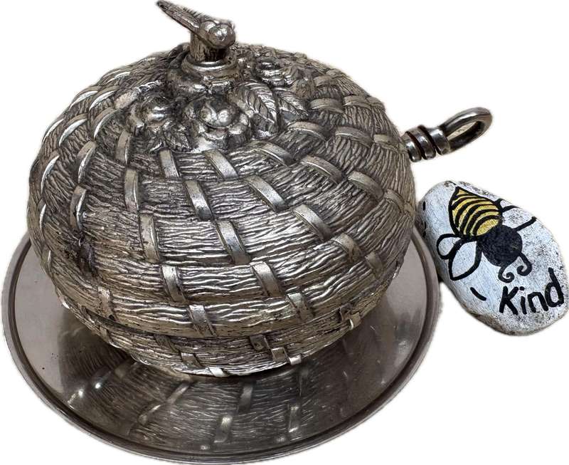 Vintage bee hive honey pot silver plated with glass insert + spoon