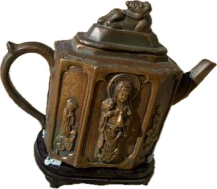 antique bronze chinese teapot tea pot Guan yin , rare signed
