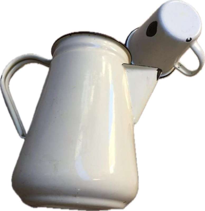 vintage enamel coffee pot with 2 enamel maritime cups