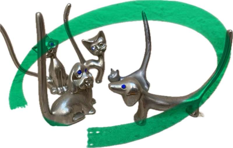 Silver pewter cat dachshund dog ornament`s with friends lot of 5 Crystal eyes