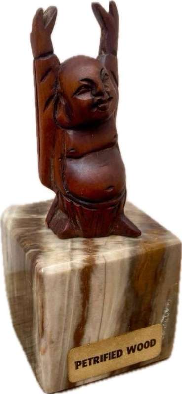 Small wood Buddha figure on petrified wood base pedestal cube