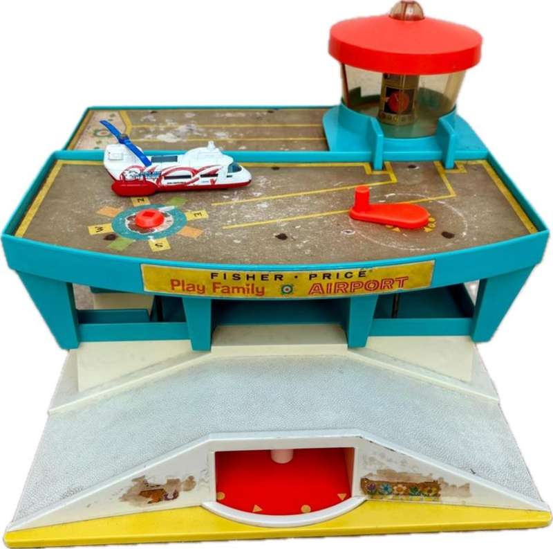 Vintage fisher price airport with old diecast transporter helicopter tlc