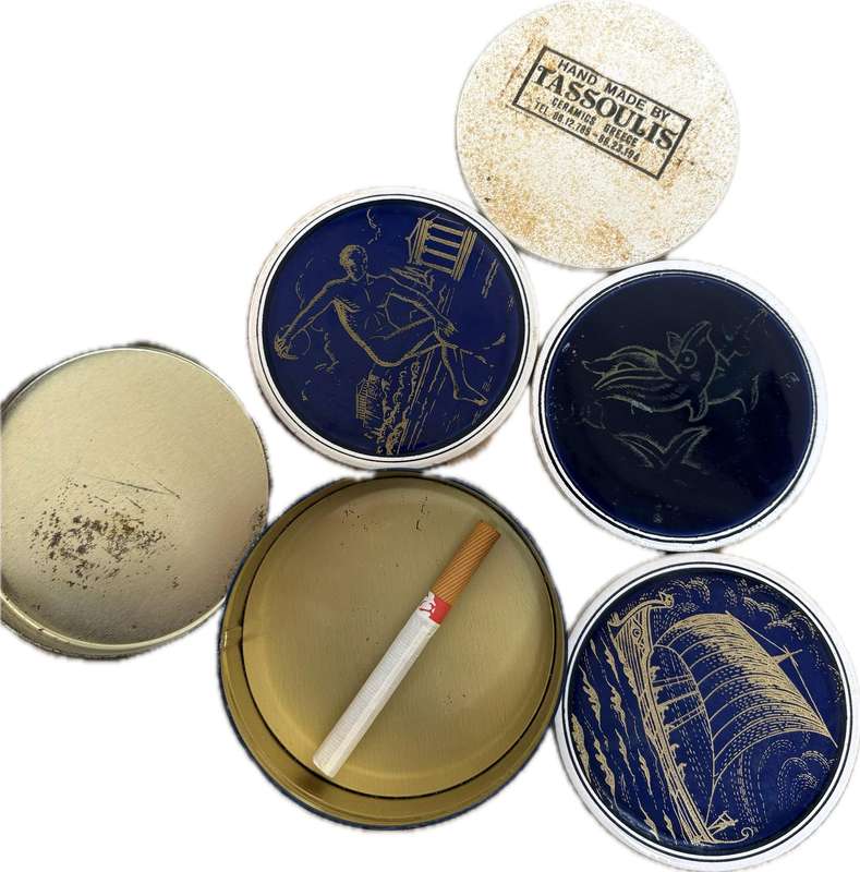 Vintage Tassoulis Greek ceramic porcelain hand made coaster set of 4