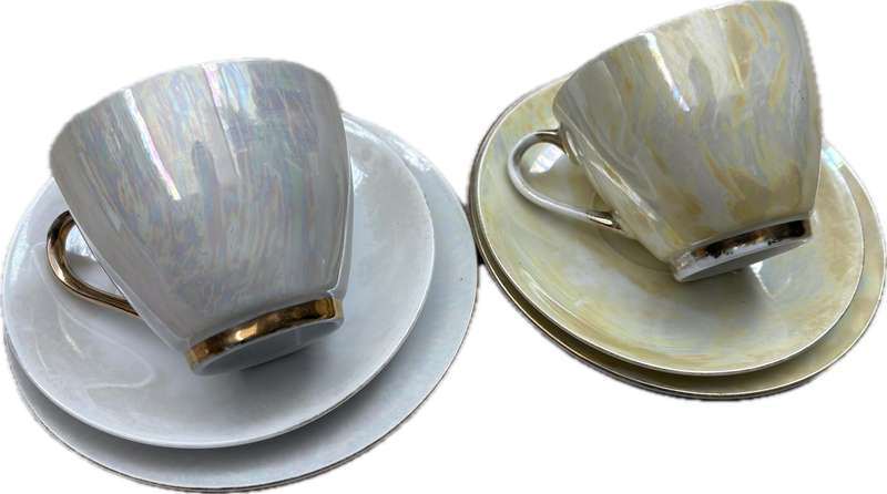 Antique Pearlescent teacup and saucer trio pair of 2 by Princess ware