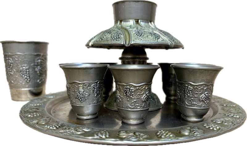 Vintage  Karshi Judaica Silver Plated Kiddush Wine Fountain 8 Cups Grapes Theme &Tray