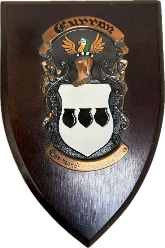 Vintage Irish wooden coat of arms plaque Curran family clan