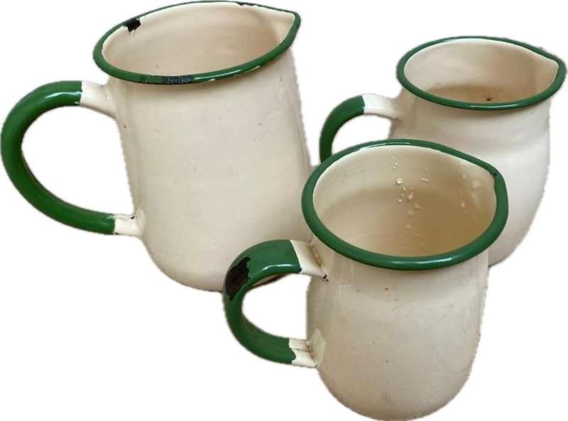 Vintage heavy  enamel cream and green jug lot of 3