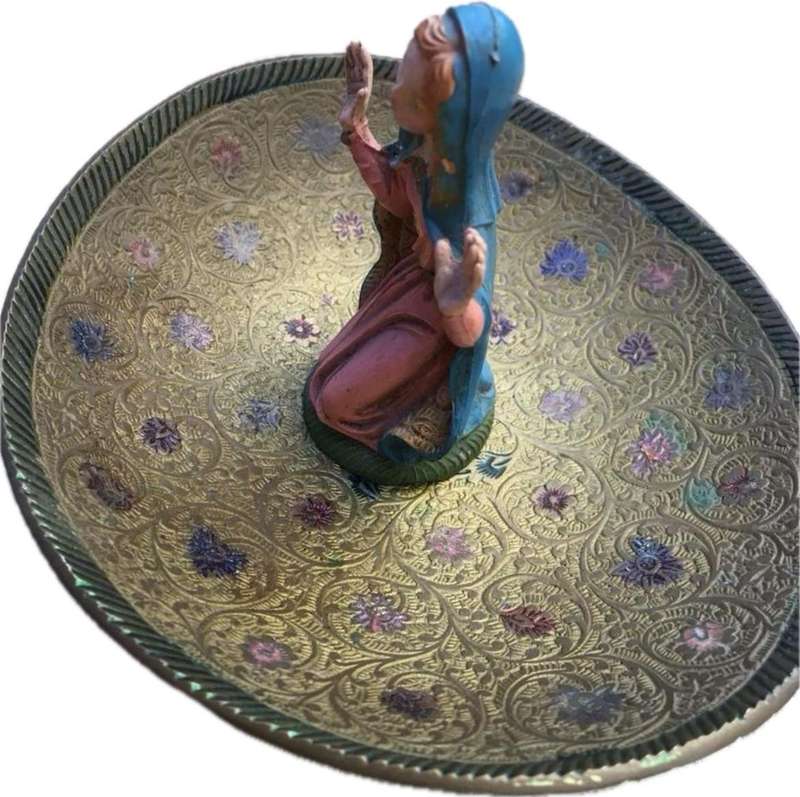 vintage brass arabic footed bowl with pvc saint figure italy