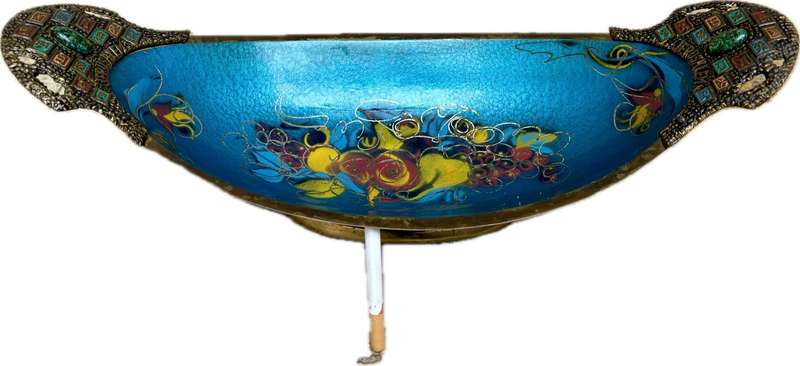 Vintage brass large enamel fruit  bowl Israel Jerusalem footed