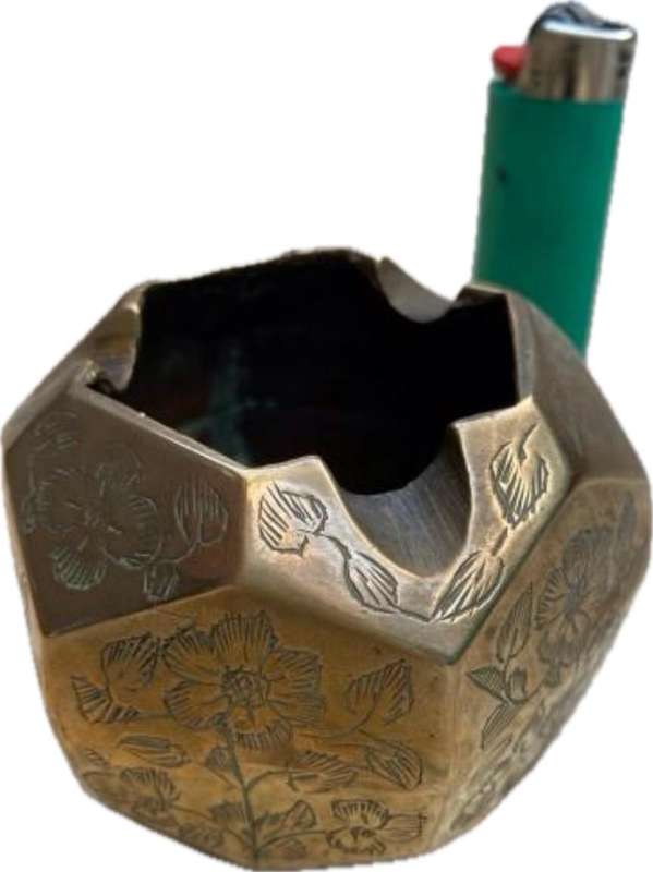 vintage brass geometric hexagon cube ashtray floral engraving detail