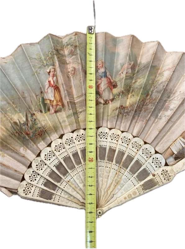 Antique hand fan carved bone and paper tlc , sold as spares