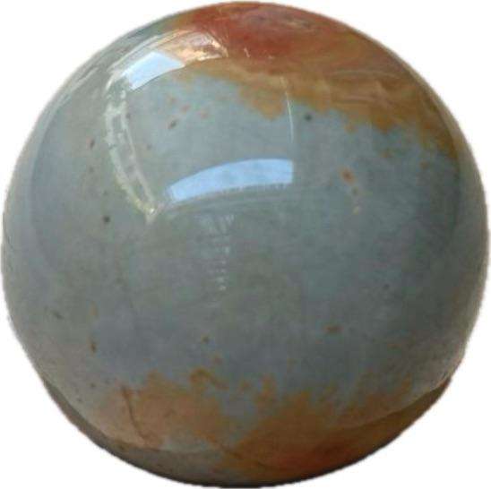 Jasper Polished precious stone sphere 8 cm diameter 24 c, circumference on carved wood base