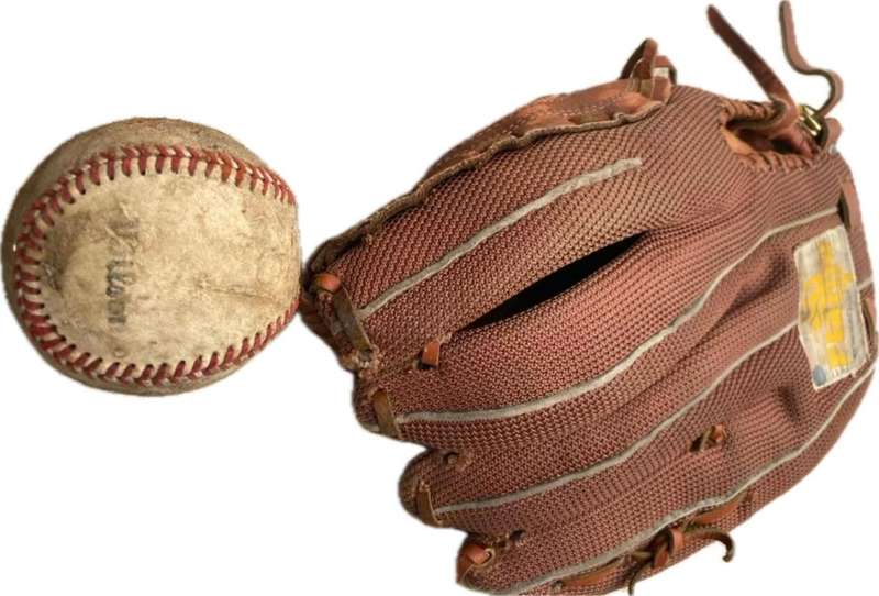 Vintage leather flame baseball  base ball mitt glove and a pair of old Wilson ball balls