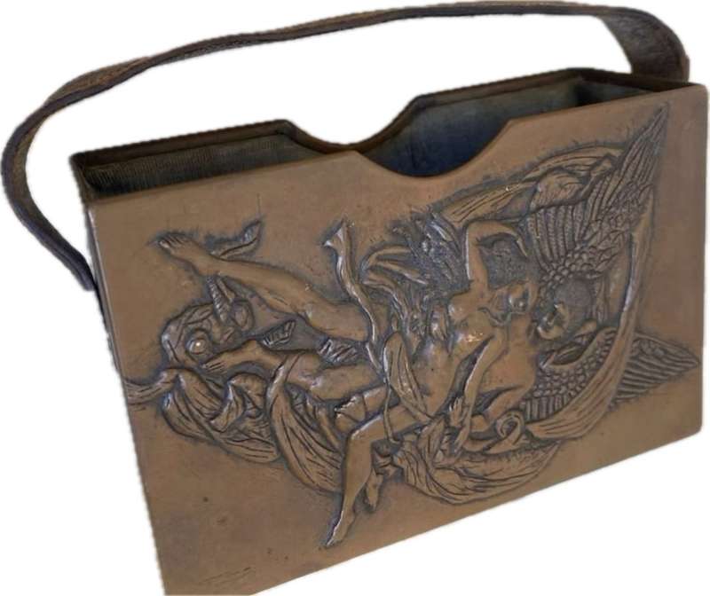 Antique copper bible box angelic three dimensional with leather strap