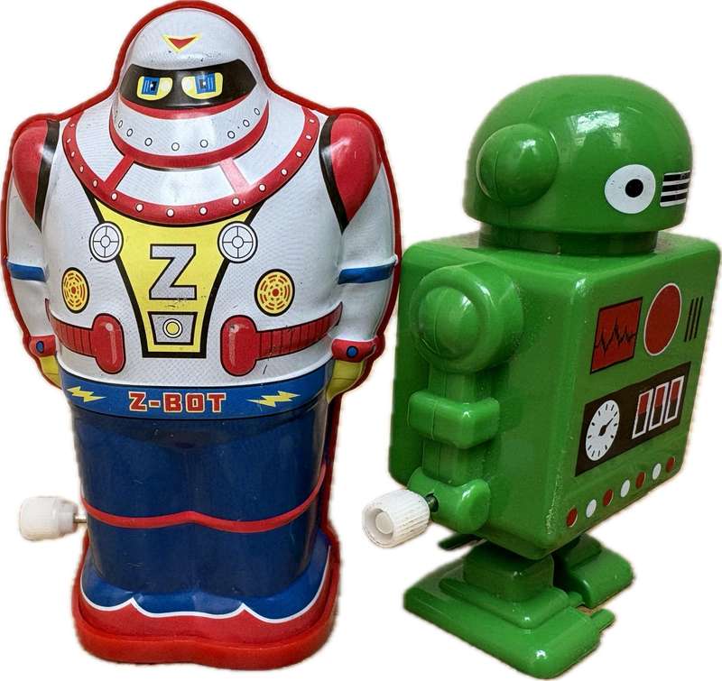 Retro tin Schylling Rowley wind up tin robot , pvc green wind up robot pair