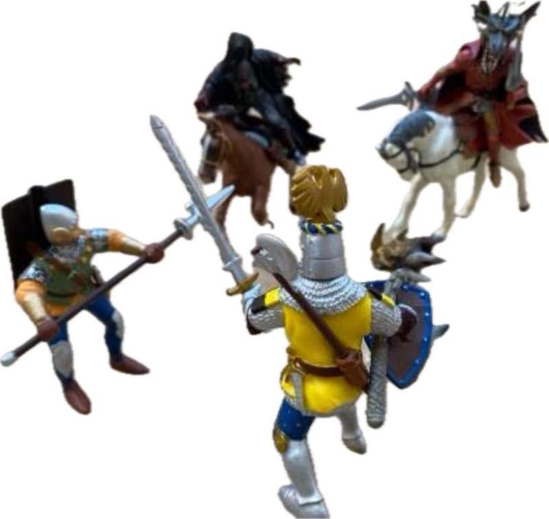 vintage papo medieval knight battle scene two horses with riders and 2 ground soldiers figures