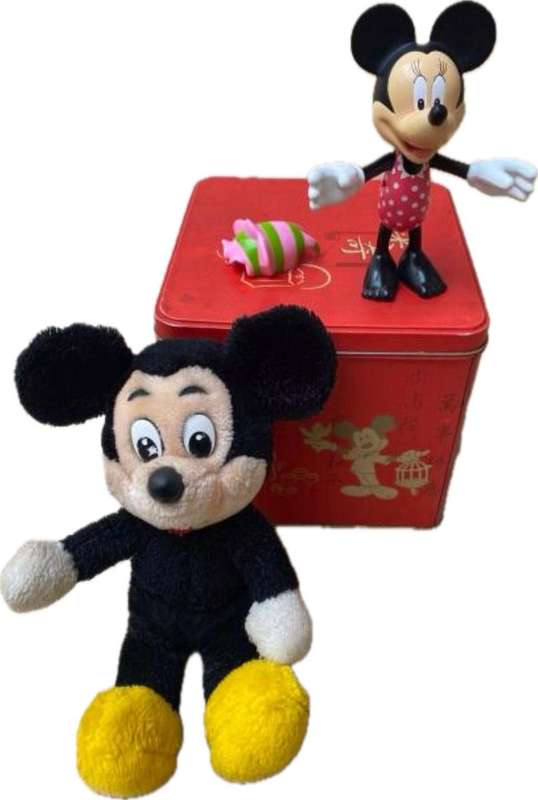 vintage snap and pose / style minnie Mouse + vintage mickey Mouse soft doll toy in mouse theme tin