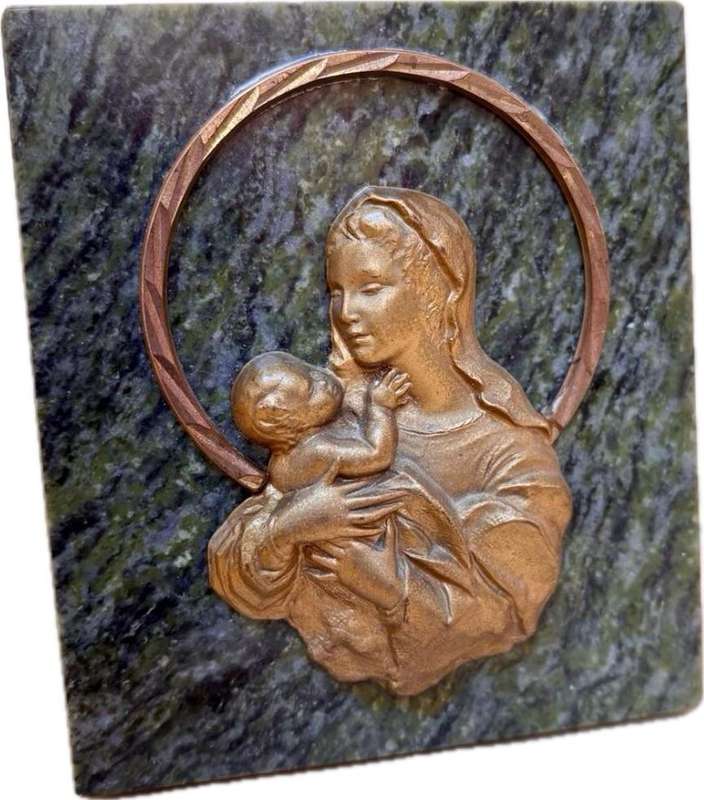 Vintage brass Virgin mother Christ  plaque on marble desktop art