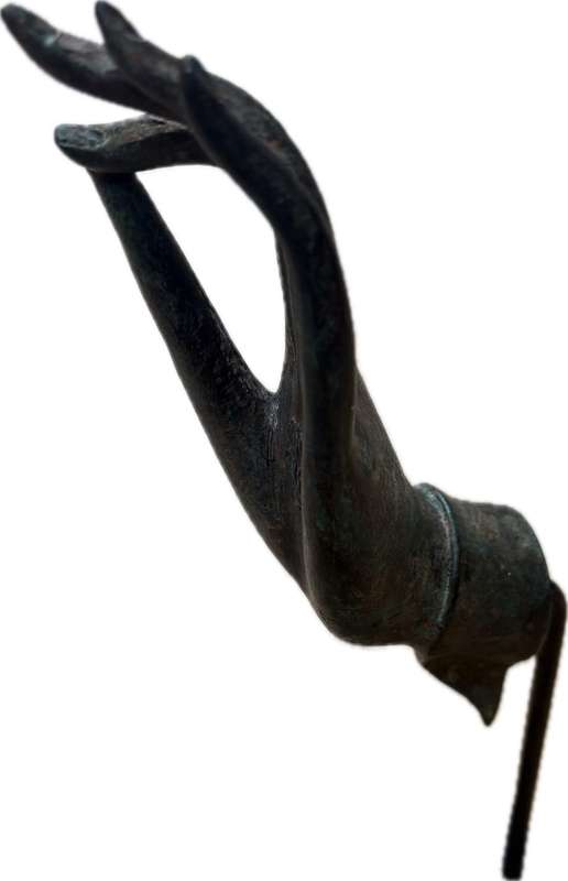 Vintage cast bronze hand of  Buddha Thai Vitarka Mudra hand flower palm on wood base