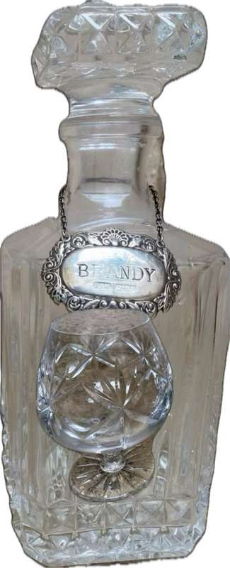 WATERFORD CRYSTAL BRANDY BALLOON SNIFFER GLASS  Sterling silver brandy label lead crystal decanter