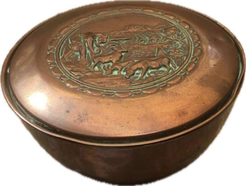 vintage copper utility bowl with lid , africa african animal theme