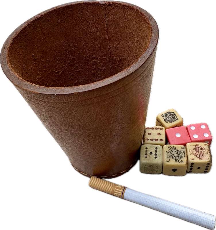 Vintage leather dice cup with dice and  Bakelite poker dice