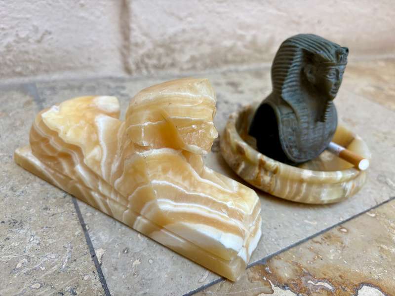 Onyx Egyptian marble sphinx , onyx bowl with Ramses Pharaoh statue