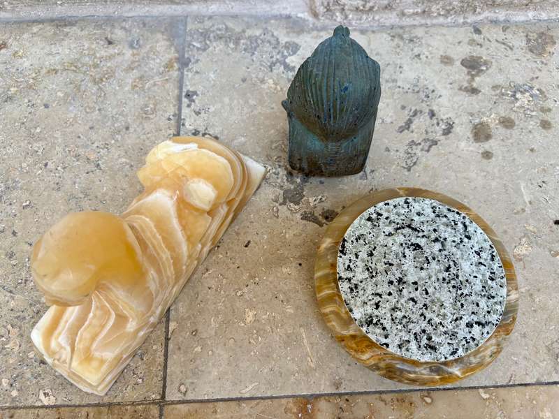 Onyx Egyptian marble sphinx , onyx bowl with Ramses Pharaoh statue