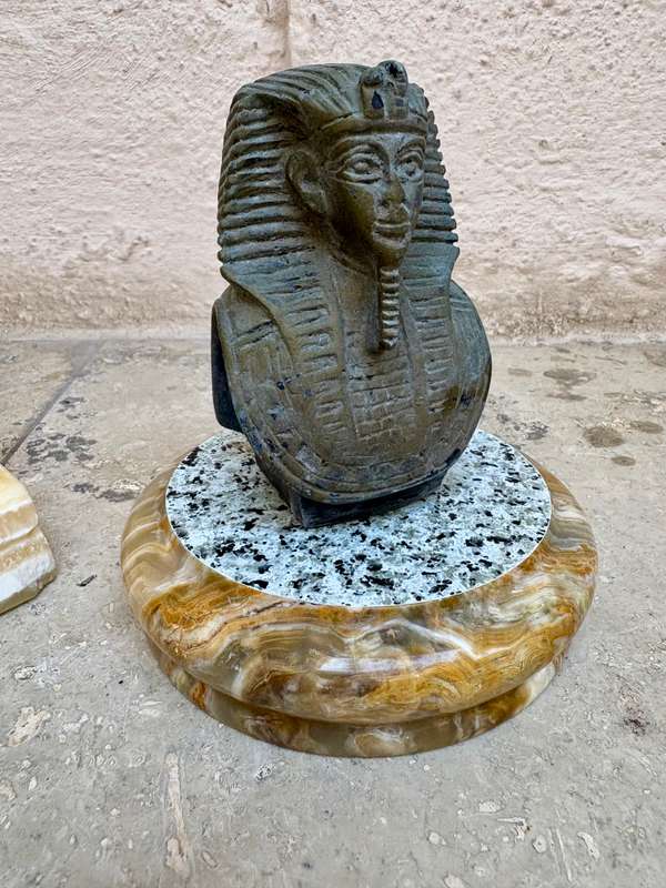 Onyx Egyptian marble sphinx , onyx bowl with Ramses Pharaoh statue