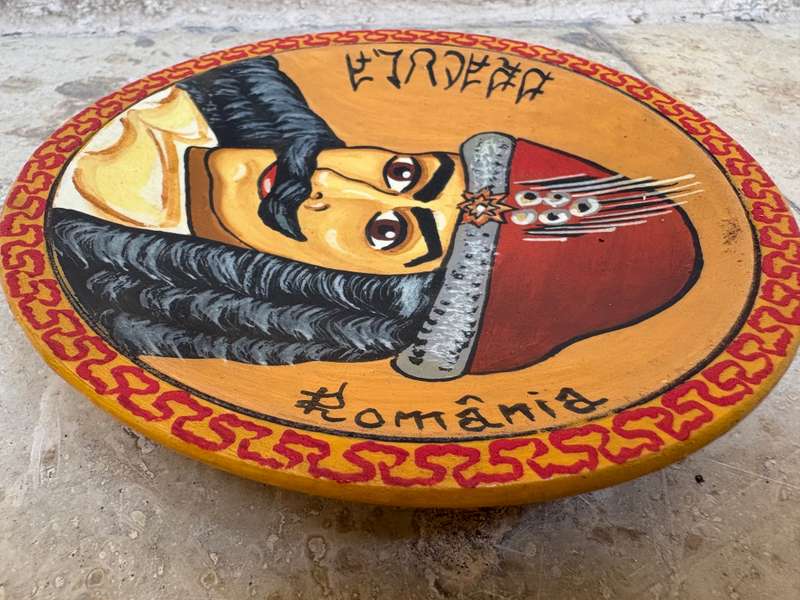 Vintage wood carved art plate Romania Dracula