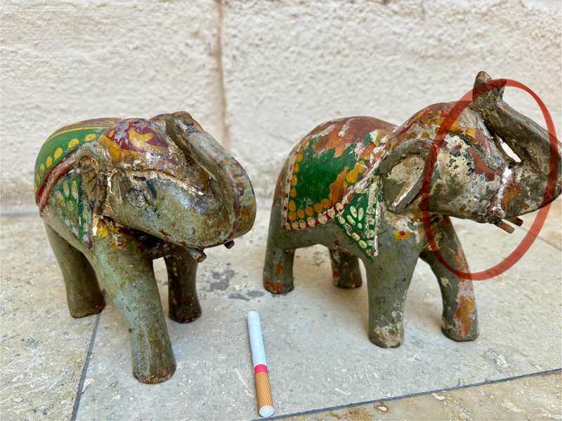 Hand carved wooden elephant trunk up statue figure