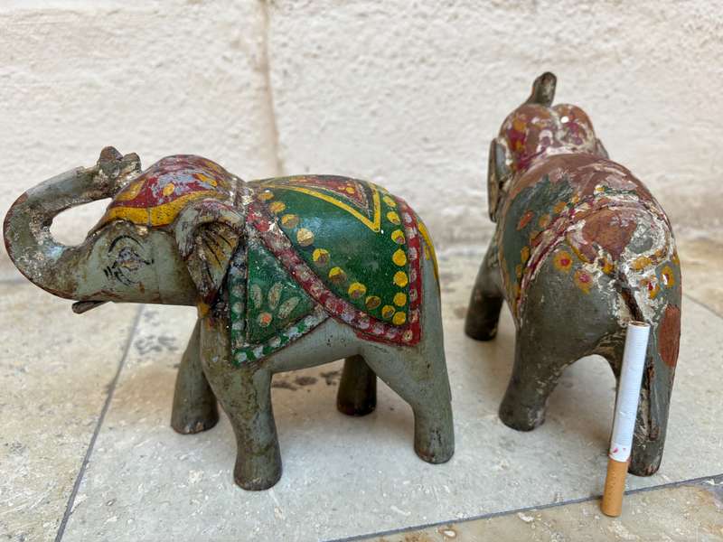 Hand carved wooden elephant trunk up statue figure
