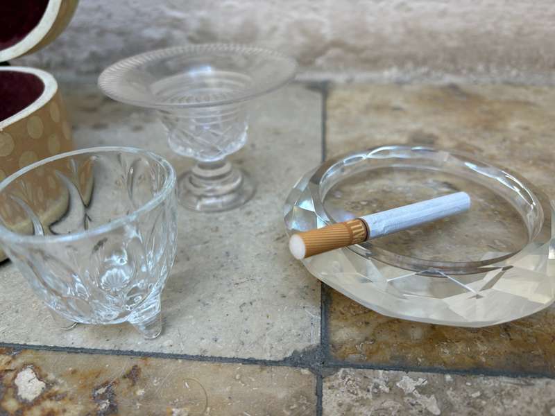 Crystal trinket dish , crystal candle holder and crystal footed glass lot