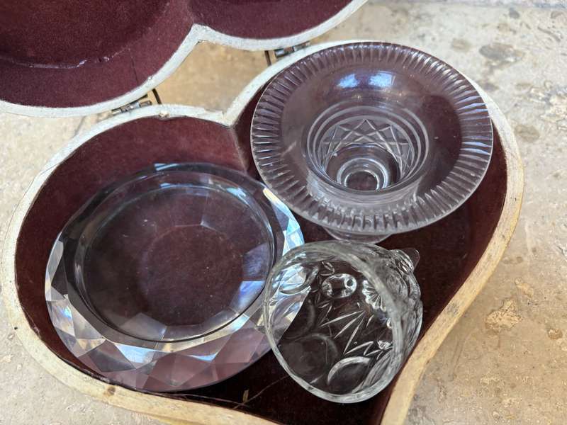 Crystal trinket dish , crystal candle holder and crystal footed glass lot