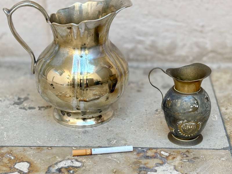 Vintage heavy brass pitcher small and large pair