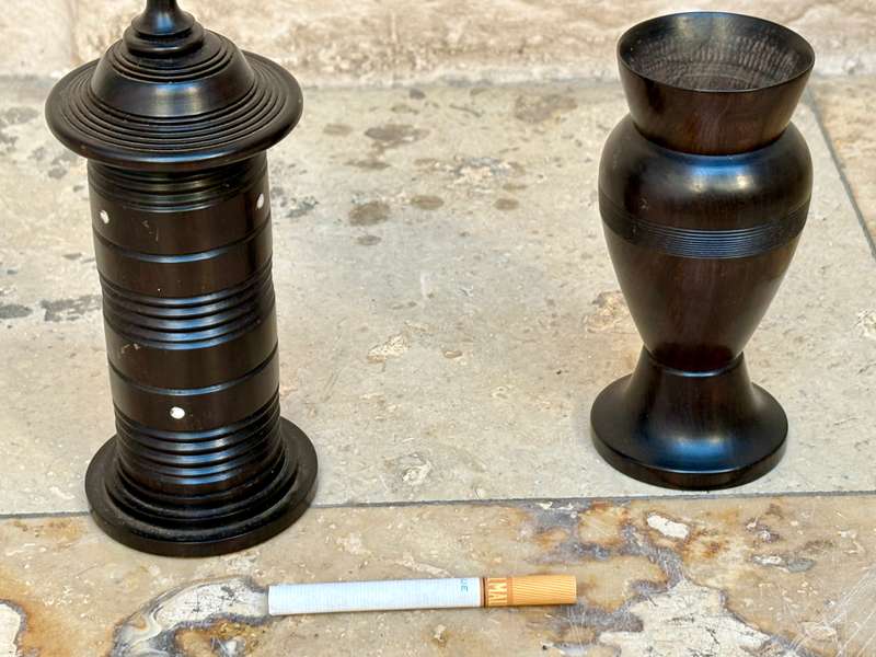 Rare exotic wood toothpick holder with bud vase treen pair