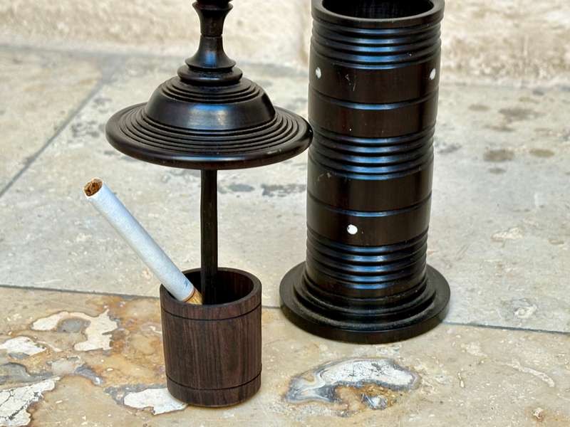 Rare exotic wood toothpick holder with bud vase treen pair