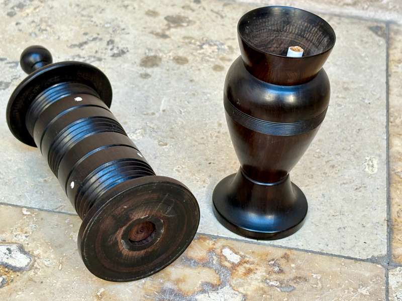 Rare exotic wood toothpick holder with bud vase treen pair