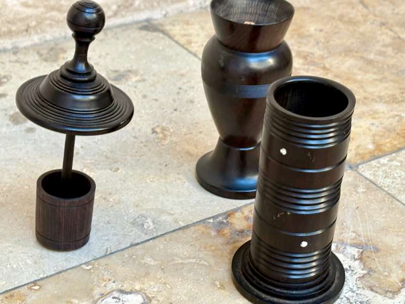 Rare exotic wood toothpick holder with bud vase treen pair