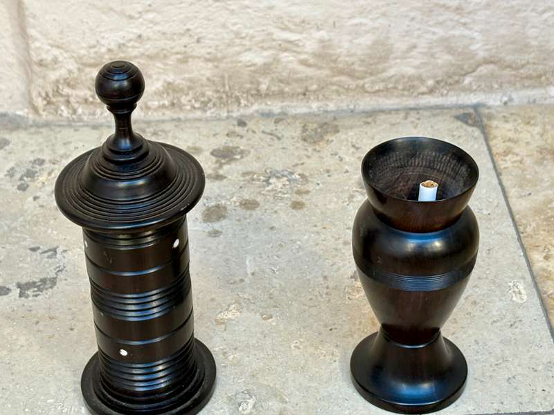 Rare exotic wood toothpick holder with bud vase treen pair