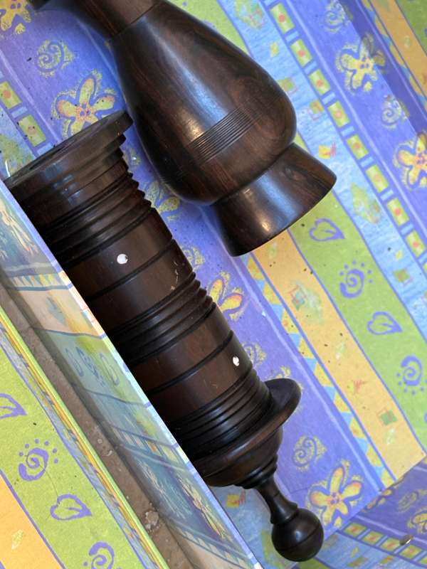 Rare exotic wood toothpick holder with bud vase treen pair