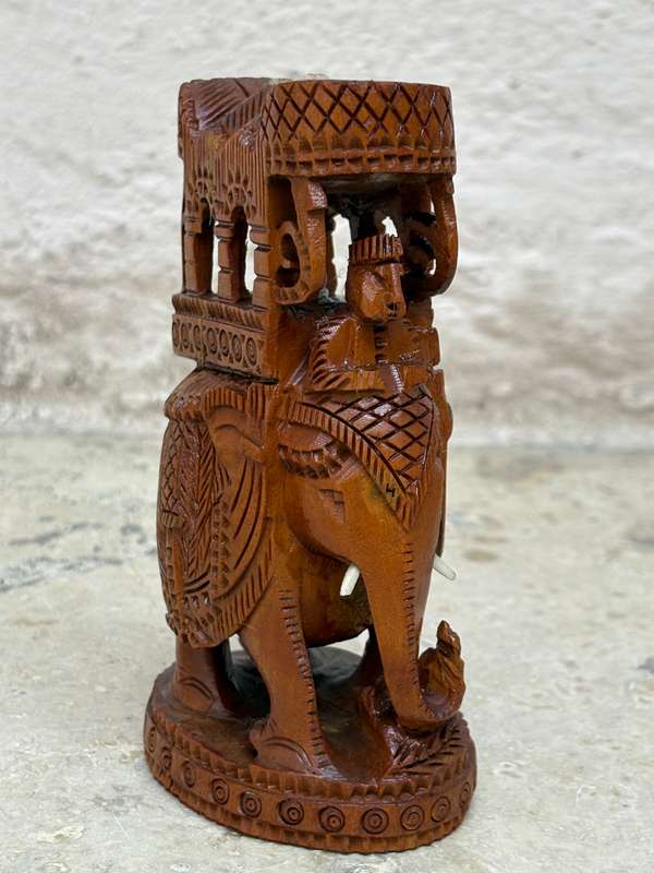 Intricate hand carved wood elephant and rider statue figure