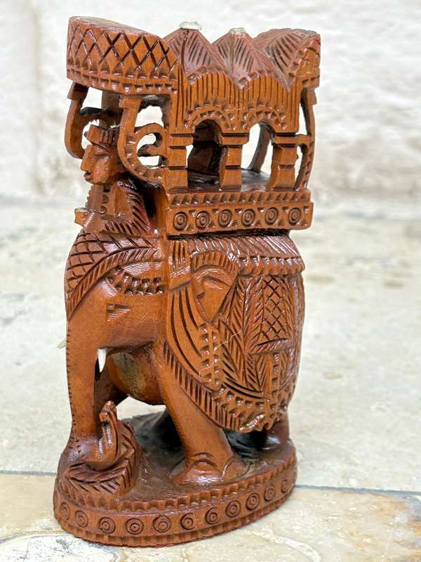 Intricate hand carved wood elephant and rider statue figure