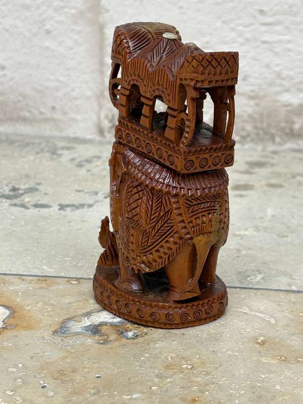 Intricate hand carved wood elephant and rider statue figure