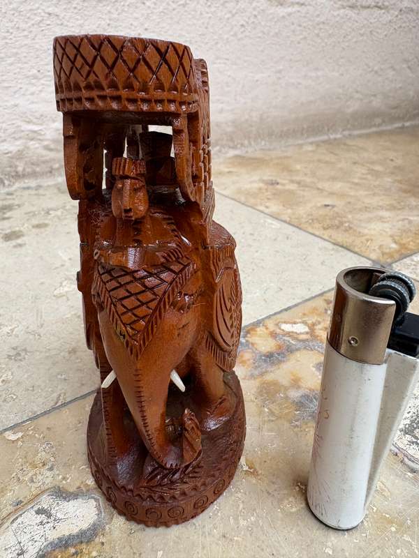 Intricate hand carved wood elephant and rider statue figure