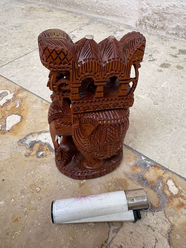 Intricate hand carved wood elephant and rider statue figure
