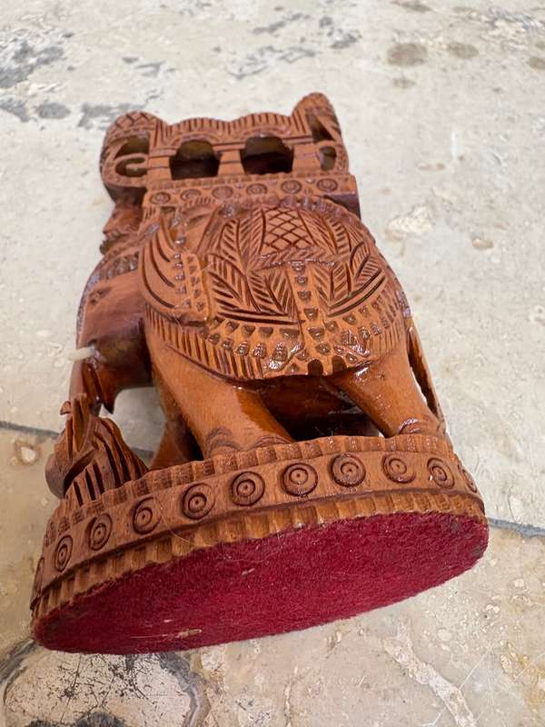 Intricate hand carved wood elephant and rider statue figure