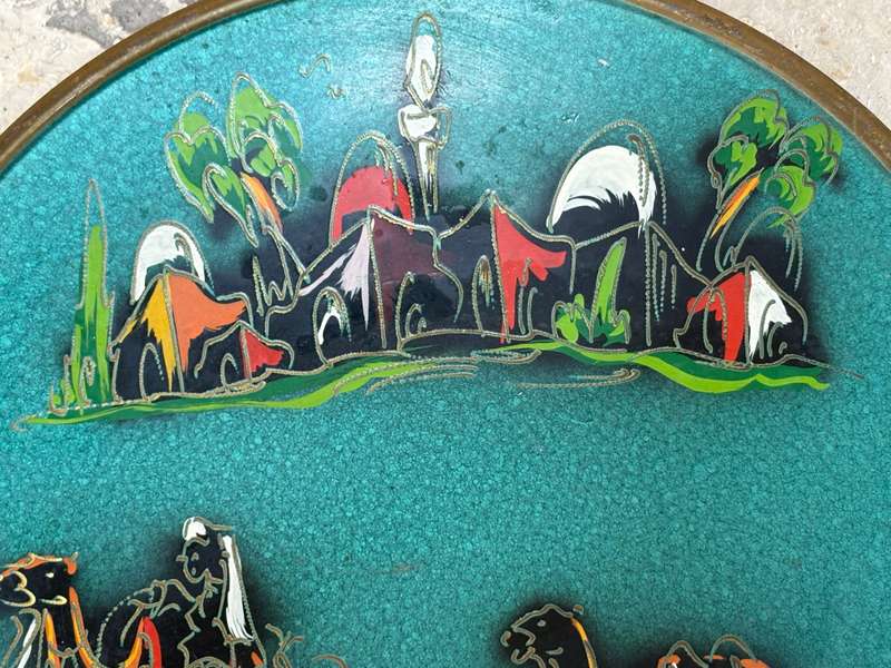 Vintage hand painted on brass Israel wall decor plate 25cm
