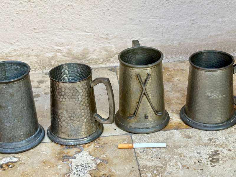 vintage hammered pewter tankard lot of 4 with  Golf tankard glass bottom